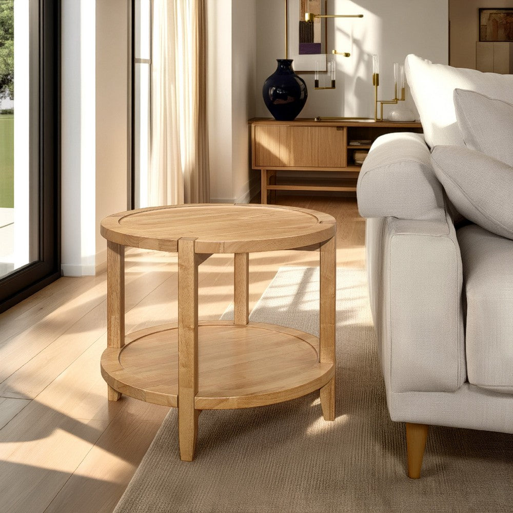 Camilia Side End Table, 23 Inch Round Top, 1 Shelf, Natural Brown -BM330078