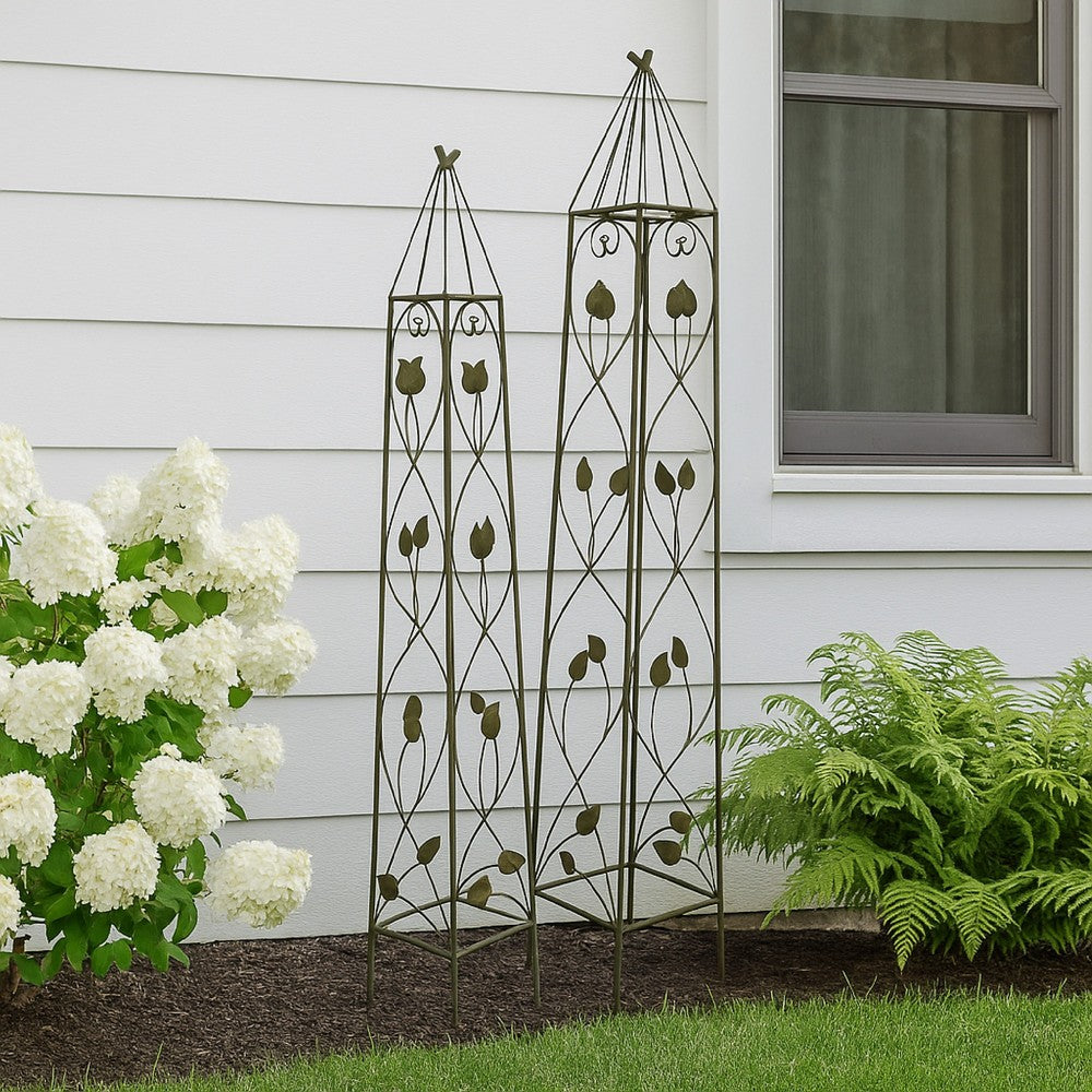 Kanye Garden Trellis Set of 2, Leaf Details Vertical Plant Green Metal -BM330114
