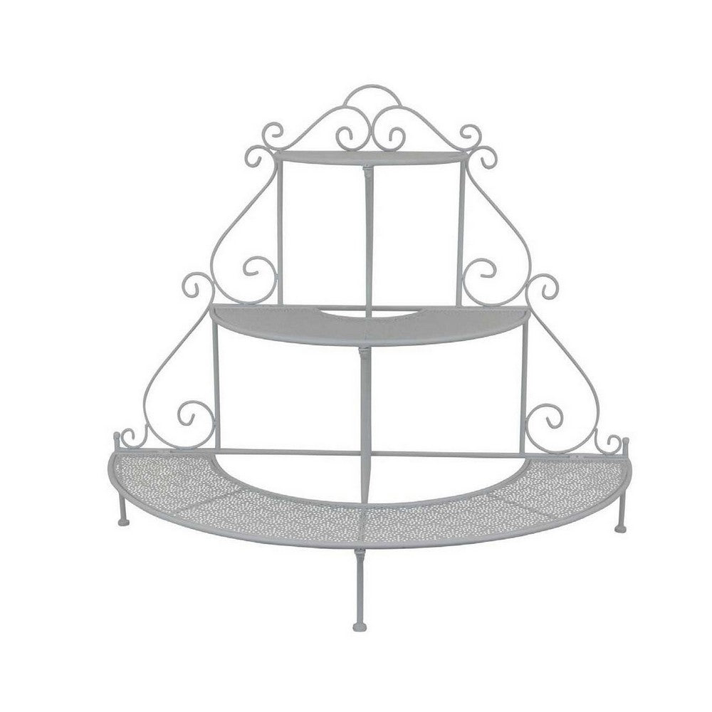 Lara Plant Stand with 3 Tier Half Round Shelves, White Metal 40 Inch -BM330119