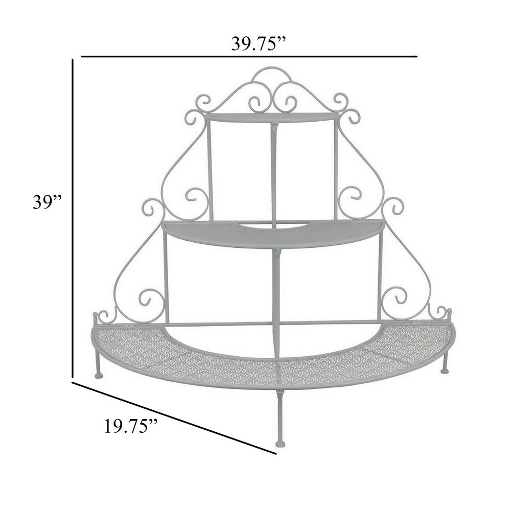 Lara Plant Stand with 3 Tier Half Round Shelves, White Metal 40 Inch -BM330119