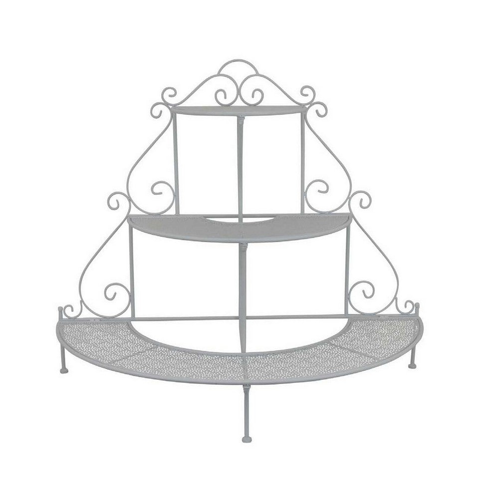 Lara Plant Stand with 3 Tier Half Round Shelves, White Metal 40 Inch -BM330119
