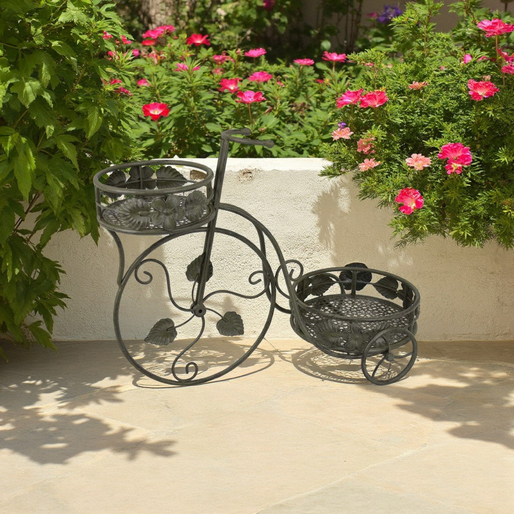Covey Accent Plant Stand Tricycle, 2 Round Pots, Green Metal 22 Inch -BM330121