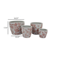 Kerry Accent Planter Pot Set of 4, Pink Floral Pattern, White Ceramic -BM330124