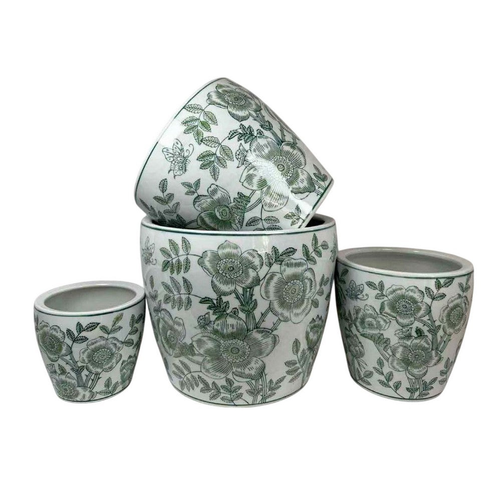 Kerry Accent Planter Pot Set of 4, Green Floral Pattern, White Ceramic -BM330126