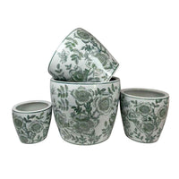 Kerry Accent Planter Pot Set of 4, Green Floral Pattern, White Ceramic -BM330126