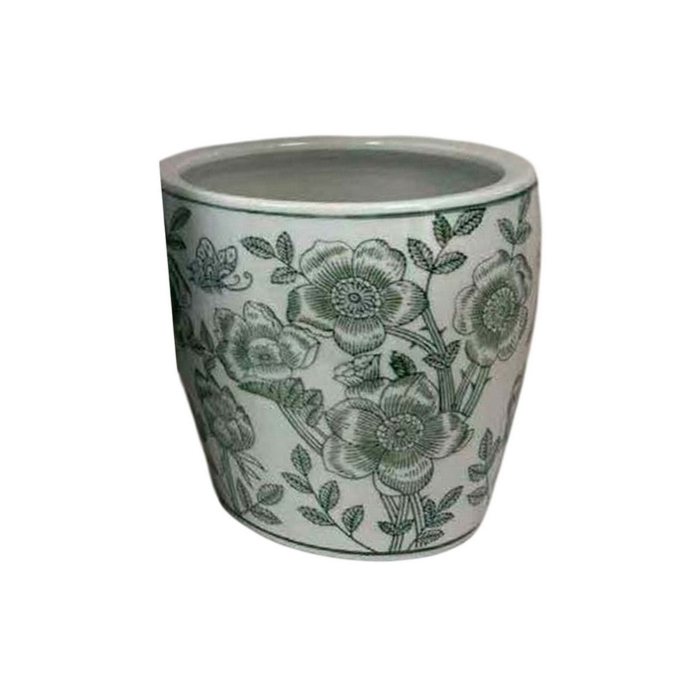 Kerry Accent Planter Pot Set of 4, Green Floral Pattern, White Ceramic -BM330126