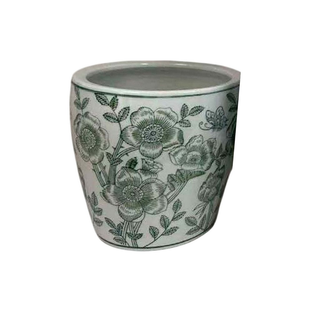 Kerry Accent Planter Pot Set of 4, Green Floral Pattern, White Ceramic -BM330126