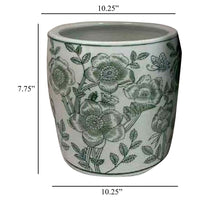 Kerry Accent Planter Pot Set of 4, Green Floral Pattern, White Ceramic -BM330126