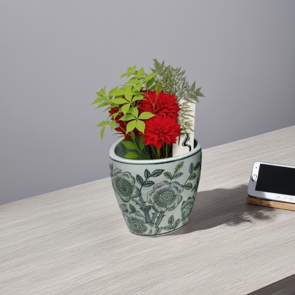 Kerry Accent Planter Pot Set of 4, Green Floral Pattern, White Ceramic -BM330126