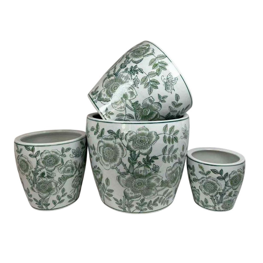 Kerry Accent Planter Pot Set of 4, Green Floral Pattern, White Ceramic -BM330126