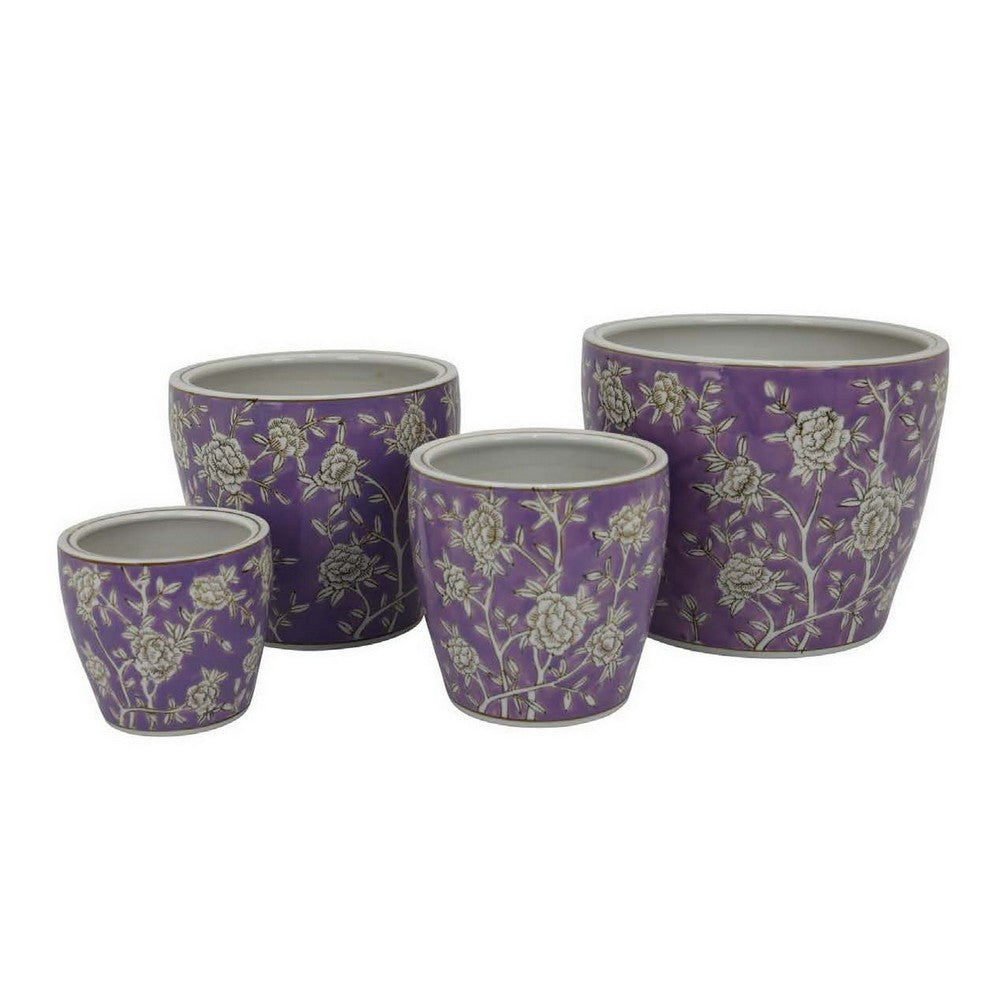 Kerry Accent Planter Pot Set of 4, Purple Floral Pattern White Ceramic -BM330127