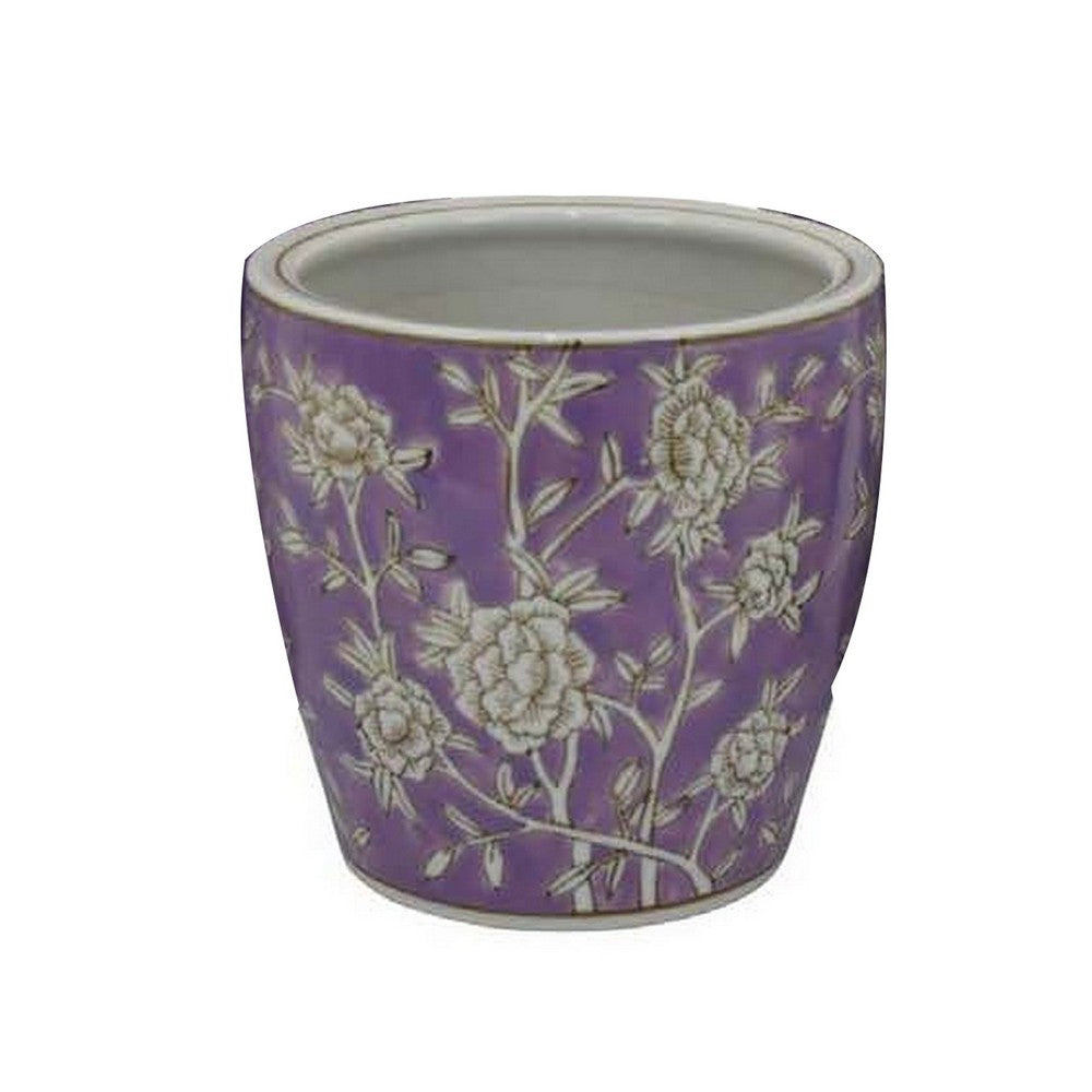 Kerry Accent Planter Pot Set of 4, Purple Floral Pattern White Ceramic -BM330127