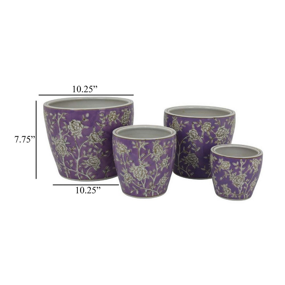 Kerry Accent Planter Pot Set of 4, Purple Floral Pattern White Ceramic -BM330127