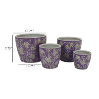 Kerry Accent Planter Pot Set of 4, Purple Floral Pattern White Ceramic -BM330127