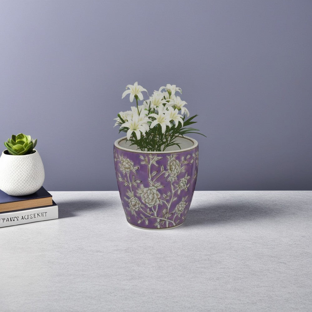 Kerry Accent Planter Pot Set of 4, Purple Floral Pattern White Ceramic -BM330127