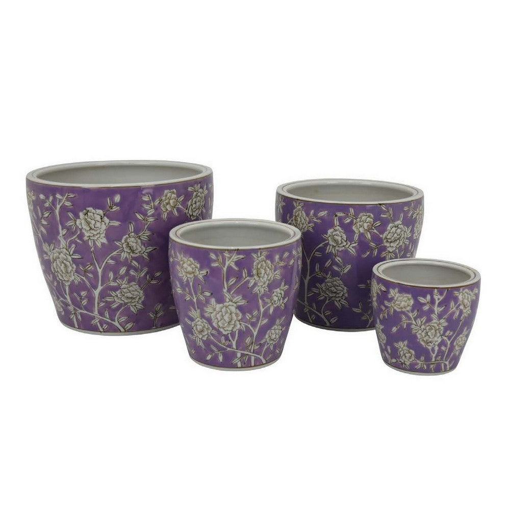 Kerry Accent Planter Pot Set of 4, Purple Floral Pattern White Ceramic -BM330127