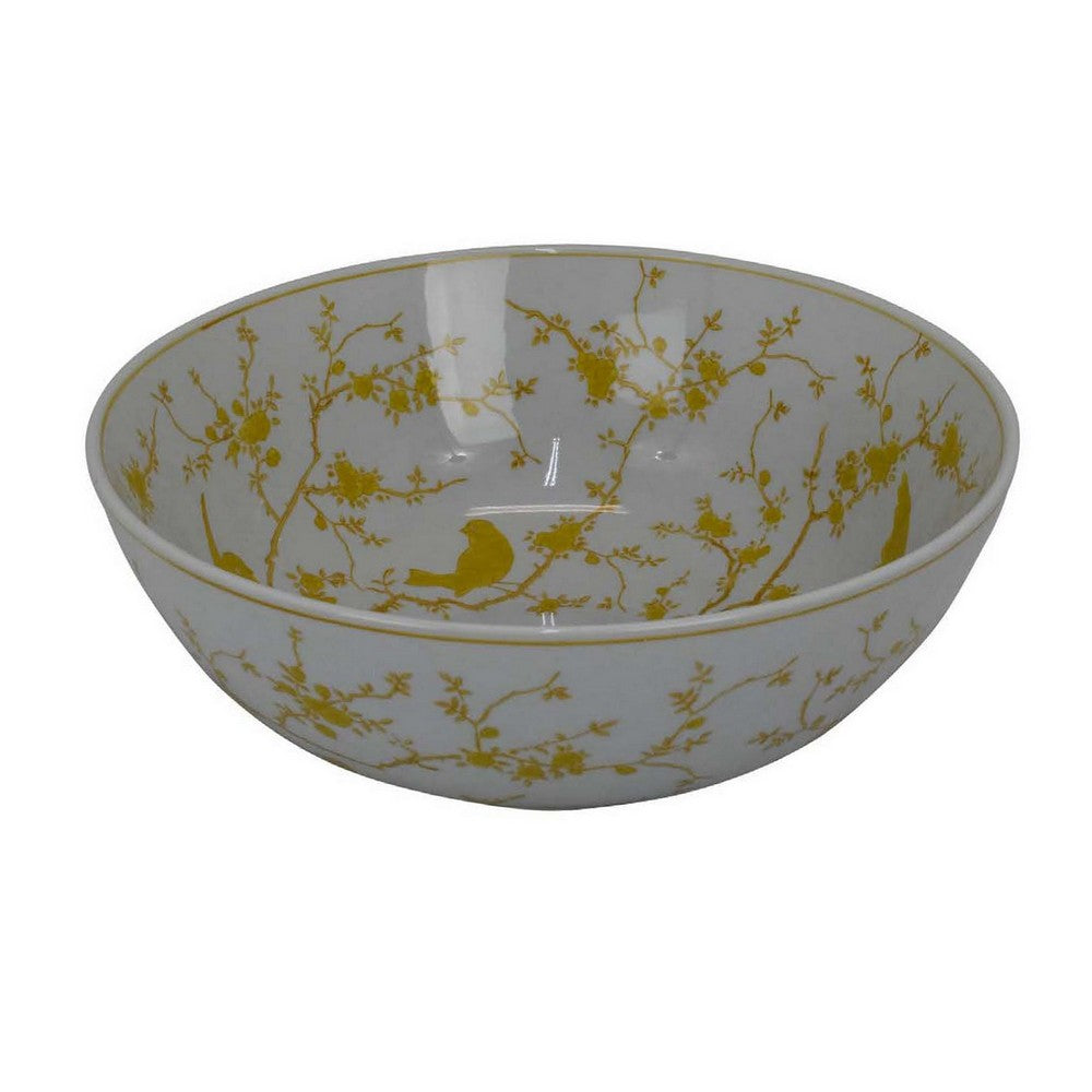 Alex Decorative Bowl, Yellow Bird Floral Motif, White Ceramic 14 Inch -BM330132