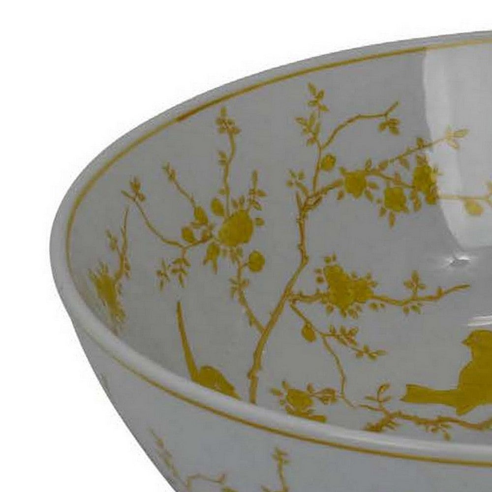 Alex Decorative Bowl, Yellow Bird Floral Motif, White Ceramic 14 Inch -BM330132