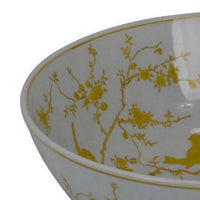 Alex Decorative Bowl, Yellow Bird Floral Motif, White Ceramic 14 Inch -BM330132