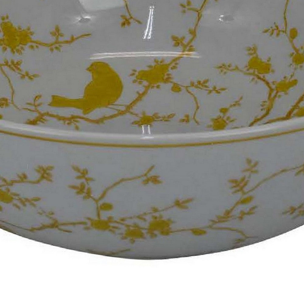 Alex Decorative Bowl, Yellow Bird Floral Motif, White Ceramic 14 Inch -BM330132