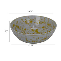 Alex Decorative Bowl, Yellow Bird Floral Motif, White Ceramic 14 Inch -BM330132