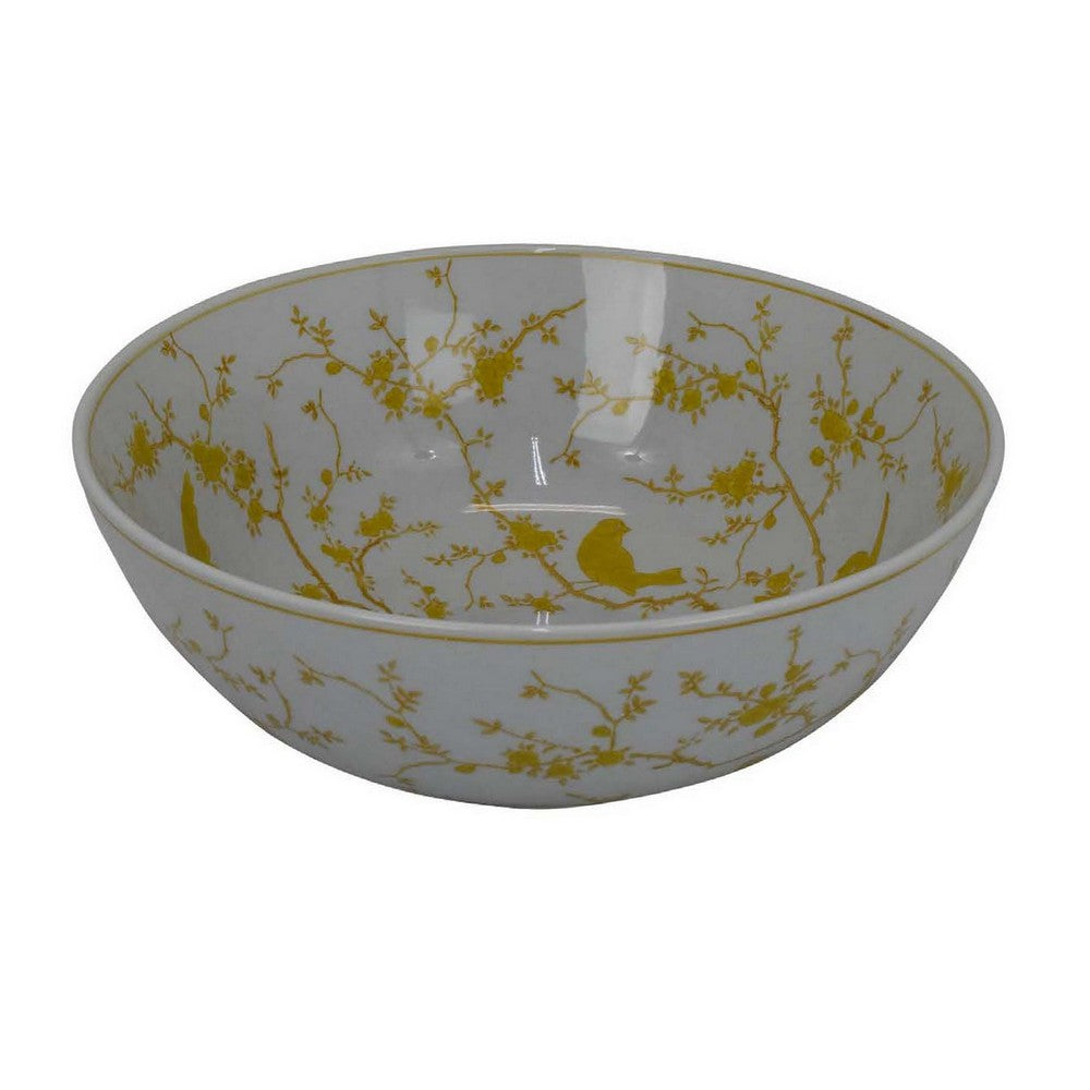 Alex Decorative Bowl, Yellow Bird Floral Motif, White Ceramic 14 Inch -BM330132