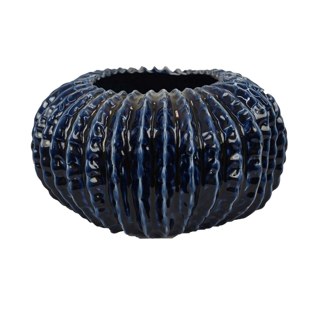 Harry Round Planter Vase, Textured Design, Blue Ceramic 13 Inch -BM330150