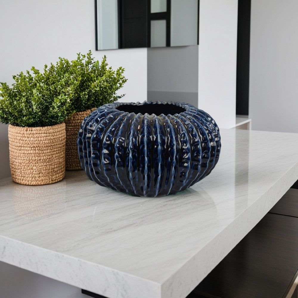 Harry Round Planter Vase, Textured Design, Blue Ceramic 13 Inch -BM330150