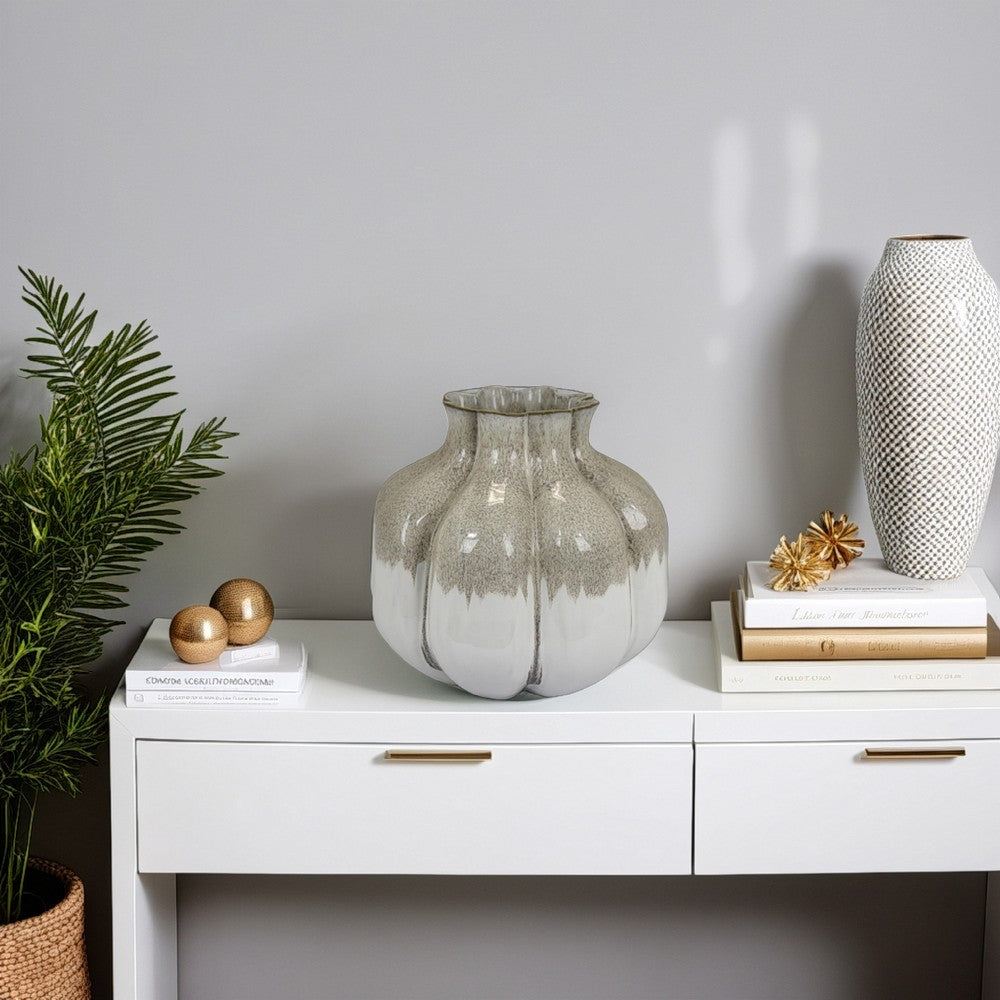 Roxy Rounded Vase with Scalloped Rim, Multi Colored Ceramic 11 Inch -BM330159