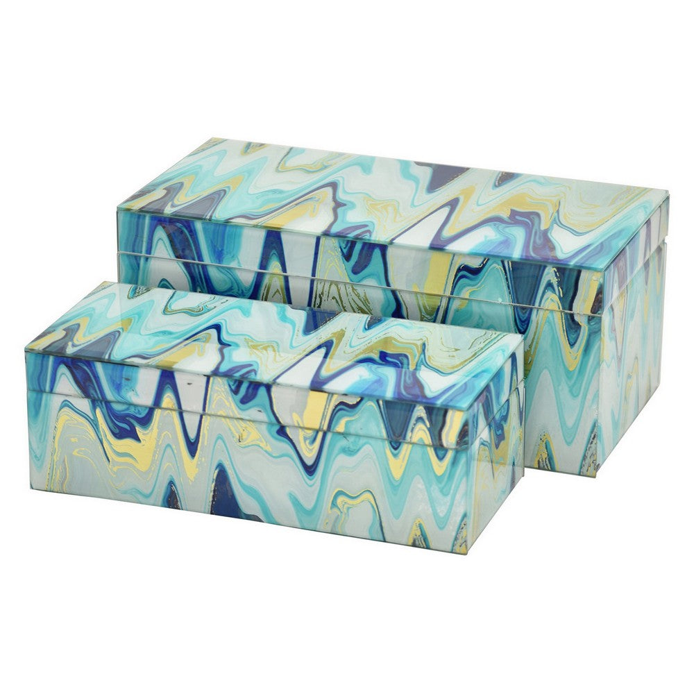 Jenny Small Decorative Box Set of 2, Abstract Marbled Teal Blue Glass -BM330163