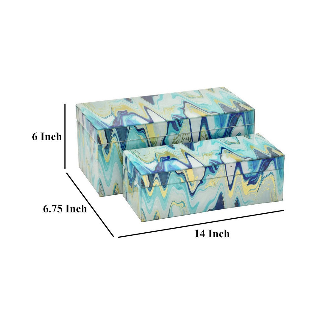 Jenny Small Decorative Box Set of 2, Abstract Marbled Teal Blue Glass -BM330163