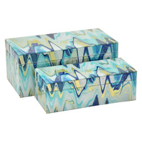 Jenny Small Decorative Box Set of 2, Abstract Marbled Teal Blue Glass -BM330163