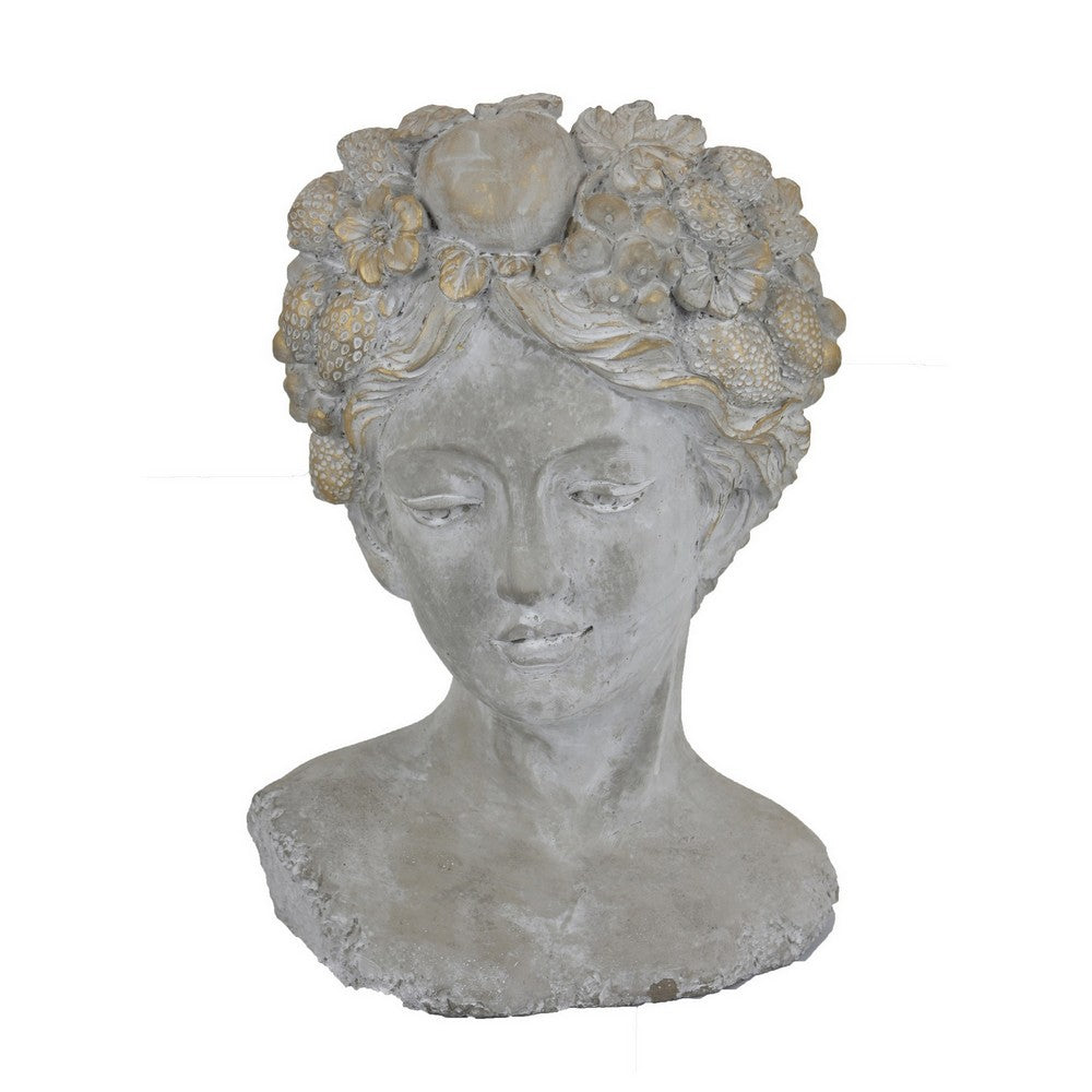 Farah Bust Statuette Planter, Floral Details, Gray Terracotta 13 Inch -BM330165