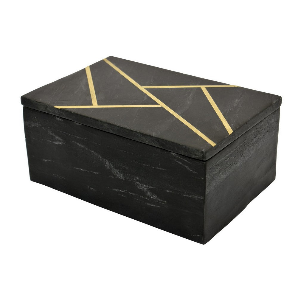 Axel Decorative Storage Box, Gold Geometric Inlay, Black Marble 9 Inch -BM330175
