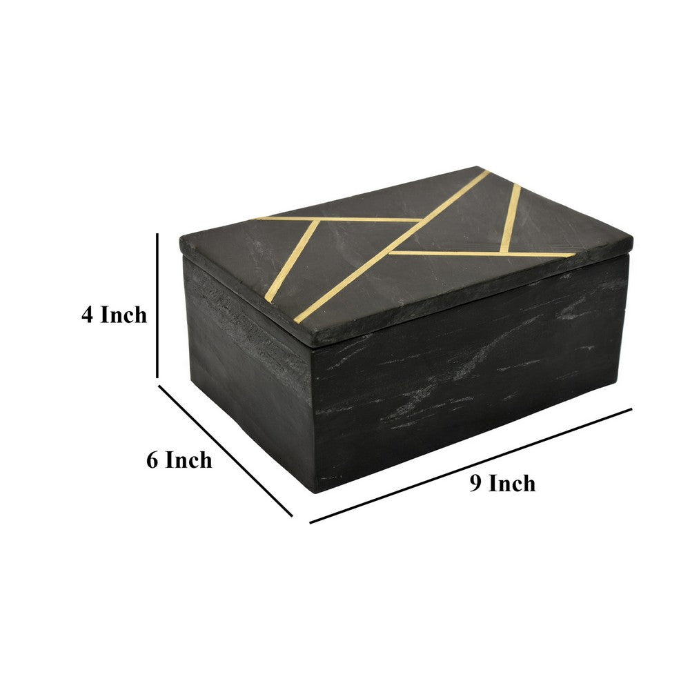 Axel Decorative Storage Box, Gold Geometric Inlay, Black Marble 9 Inch -BM330175