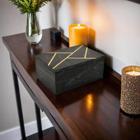 Axel Decorative Storage Box, Gold Geometric Inlay, Black Marble 9 Inch -BM330175