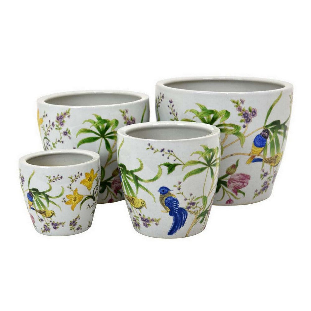 Kerry Planter Pot Set of 4, Floral Bird Pattern, White Green Ceramic -BM330176