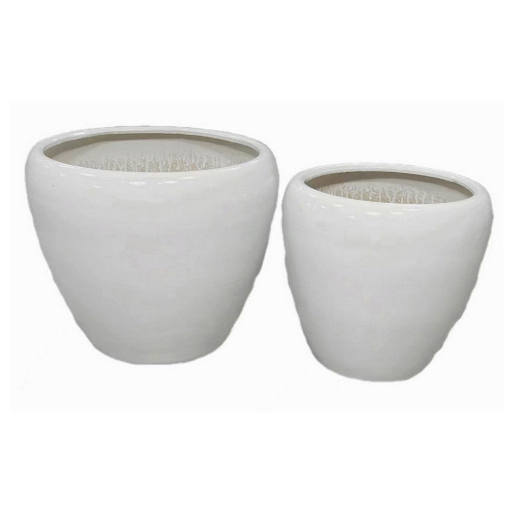 Garden Planter Set of 2, Modern Bowl Shaped Flower Pot, White Ceramic -BM330967