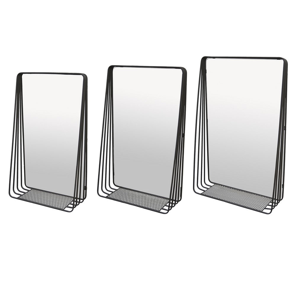 3pc Decorative Wall Mirror with Shelf Set, Black Metal Rectangular -BM330980