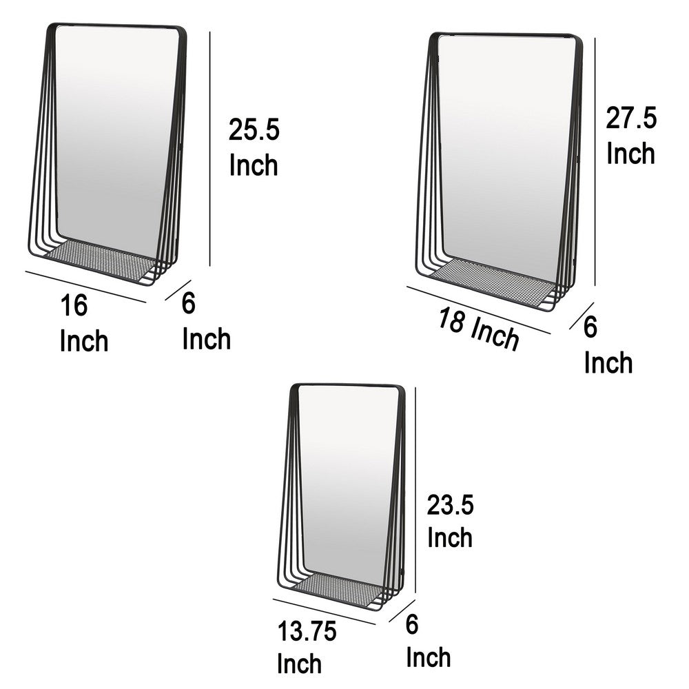 3pc Decorative Wall Mirror with Shelf Set, Black Metal Rectangular -BM330980