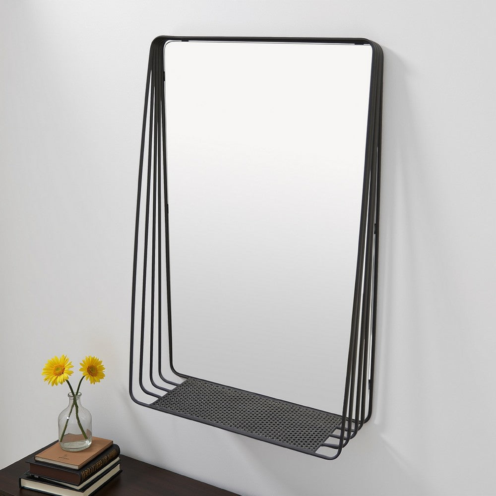 3pc Decorative Wall Mirror with Shelf Set, Black Metal Rectangular -BM330980