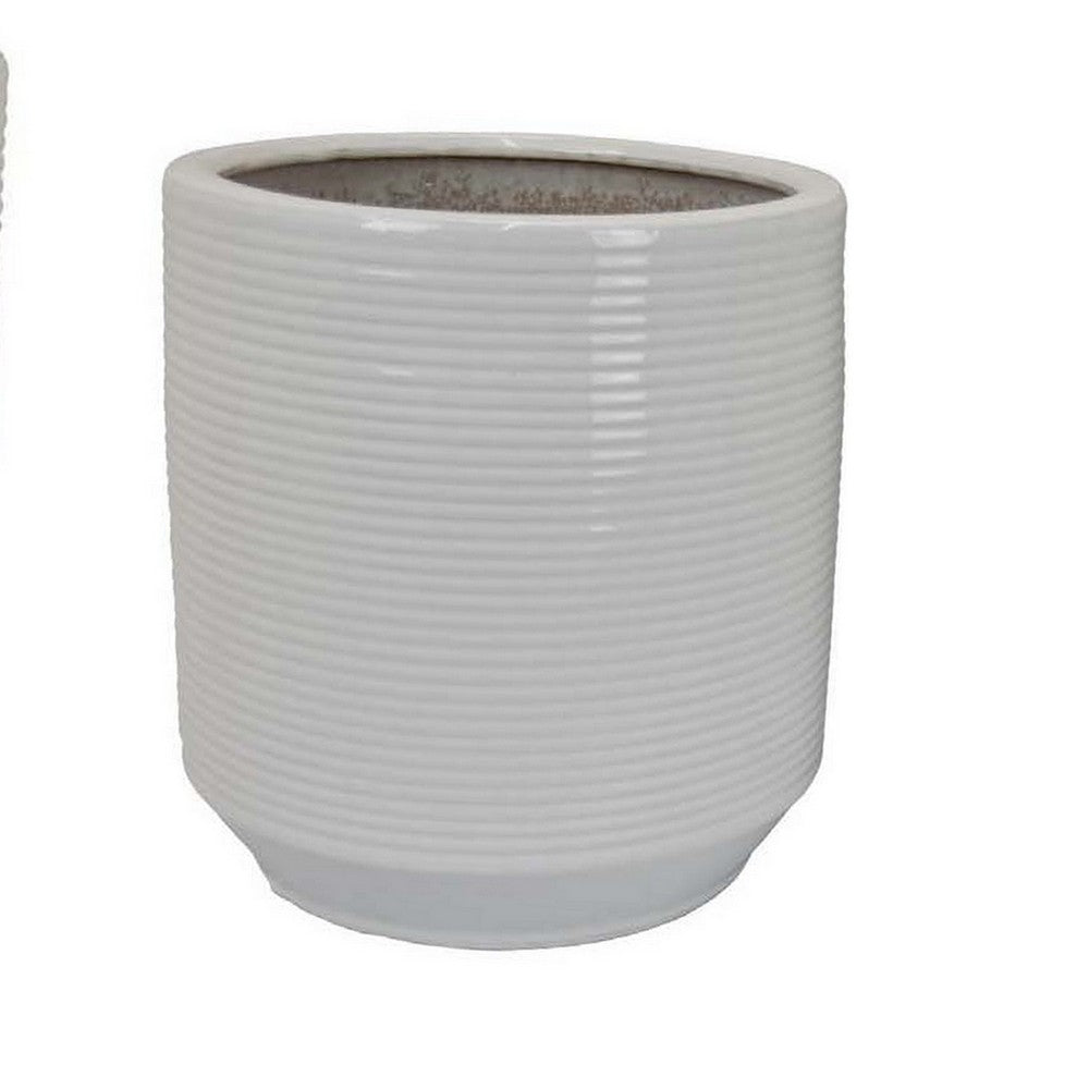 Fusie Planter Set of 2, Round, White Ceramic, Horizontal Texture -BM331045