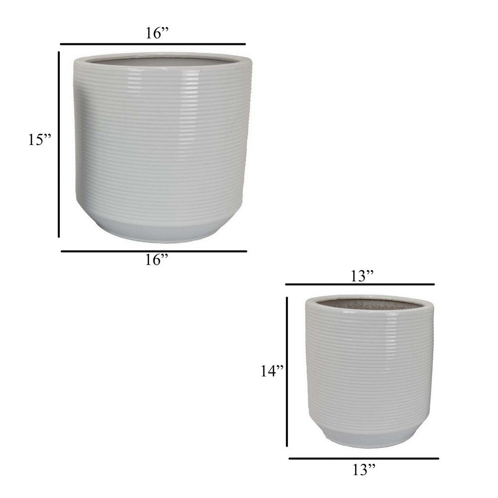 Fusie Planter Set of 2, Round, White Ceramic, Horizontal Texture -BM331045