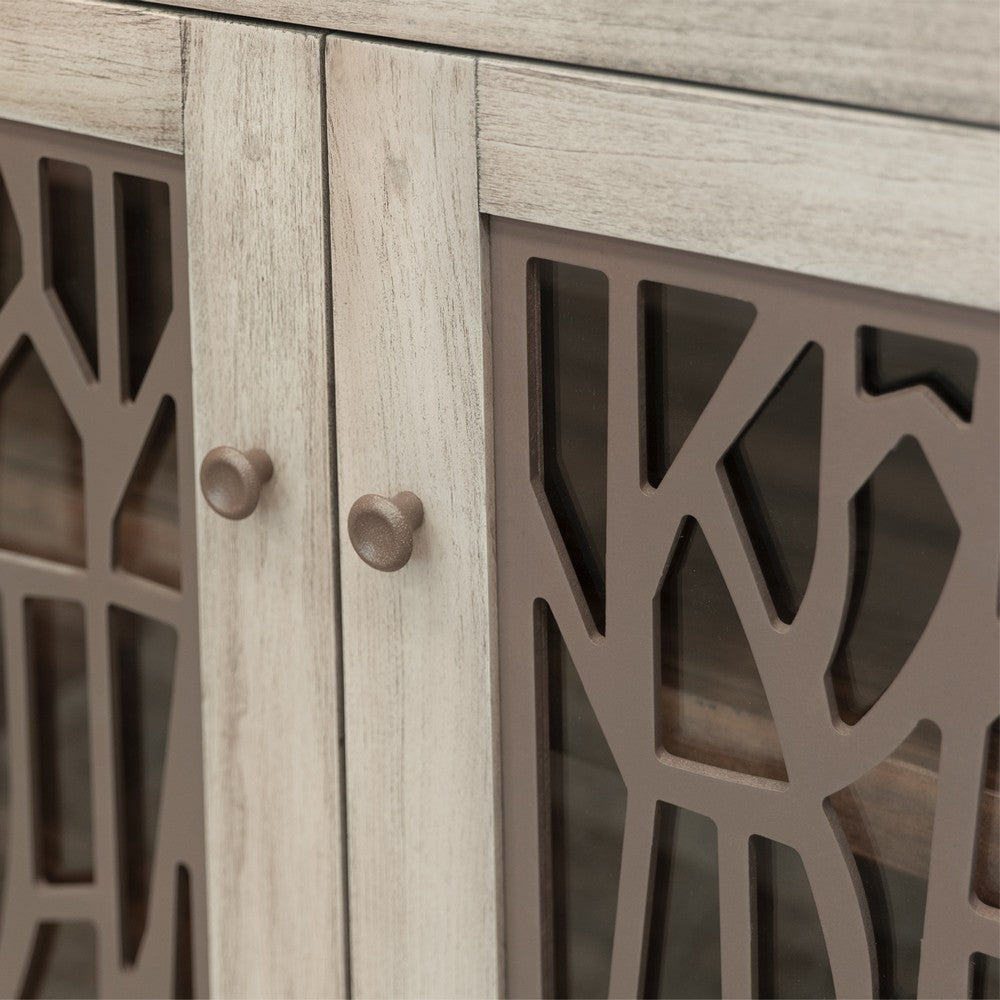 Livvy Console Cabinet, 4 Metal Pattern Glass Doors Ivory White 69 Inch -BM331236