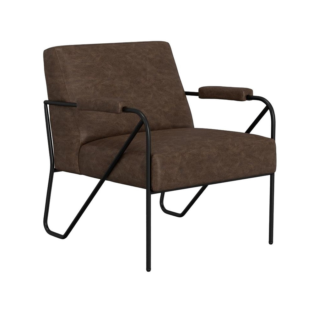 Levy Armchair with Black Metal Base, Wood, Dark Brown Faux Leather -BM331254