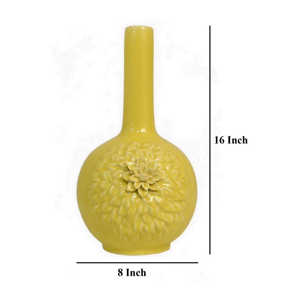 Remi Flower Vase, Narrow Neck, Yellow Ceramic w Floral Motifs, 16 Inch -BM331348