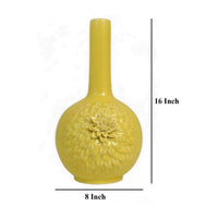 Remi Flower Vase, Narrow Neck, Yellow Ceramic w Floral Motifs, 16 Inch -BM331348