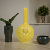Remi Flower Vase, Narrow Neck, Yellow Ceramic w Floral Motifs, 16 Inch -BM331348