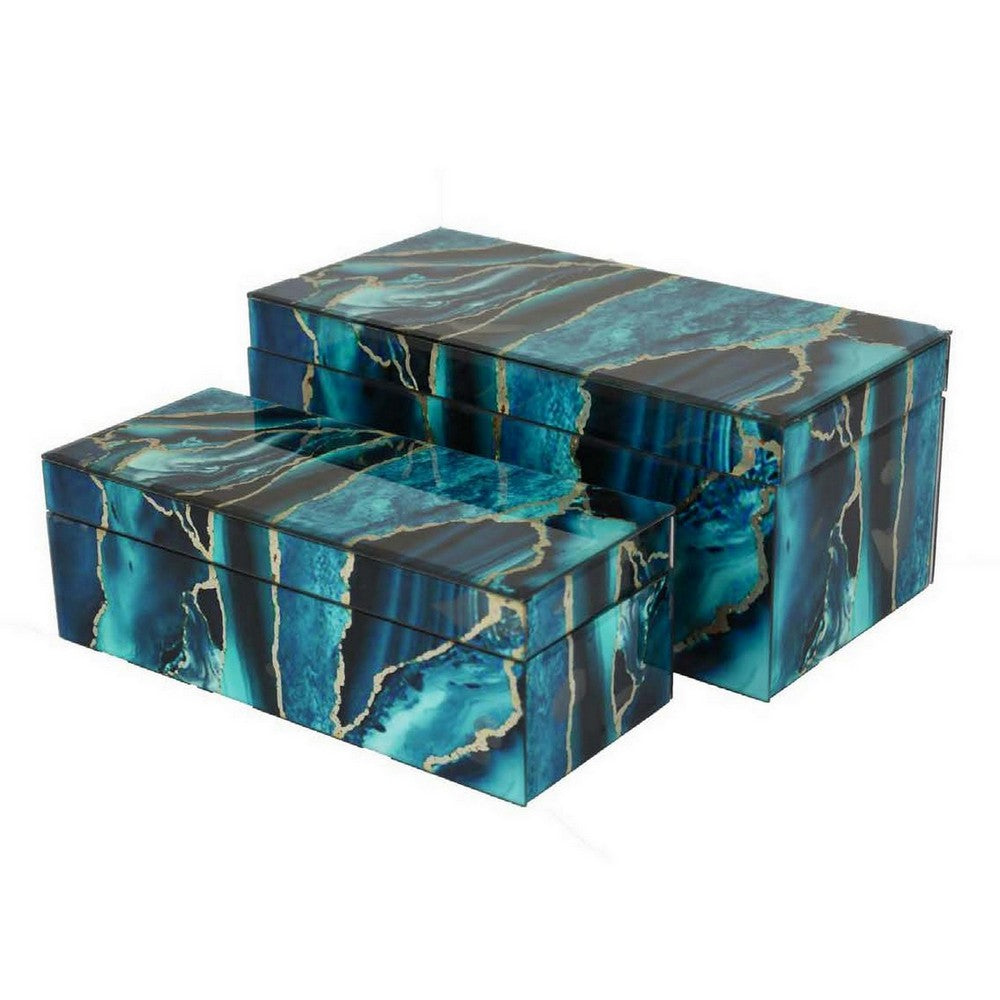 Dory Decorative Box Set of 2, Deep Blue Black Faux Marble Accent Glass -BM331370
