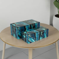 Dory Decorative Box Set of 2, Deep Blue Black Faux Marble Accent Glass -BM331370
